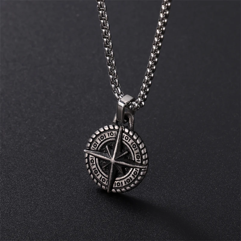 

New Wholesale Fashion Mens Jewelry Retro Style 316L Stainless Steel Black Punk Compass Pendant Necklace For Men