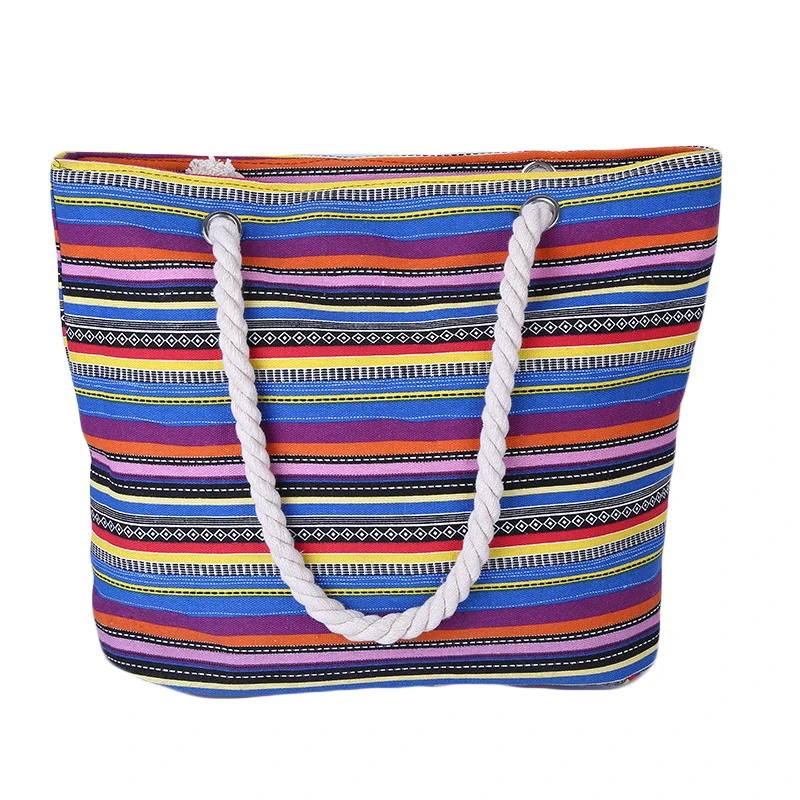 

Factory Wholesale Three-Color Striped Hemp Rope Carrying Canvas Travel And Leisure Women's Bag, 3 colors