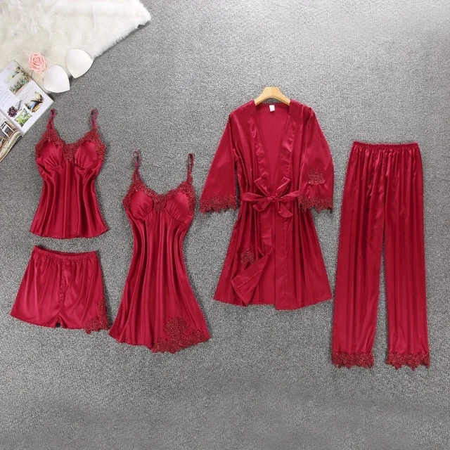 
Ladies Homewear 5-piece Sets Satin Nightgown Sleepwear Silk Pajamas Women 