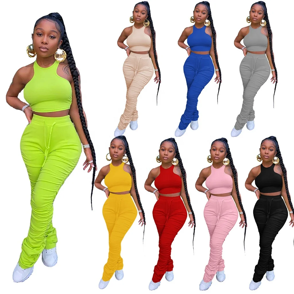 

2022 Custom New Fashion Wholesale Women Sleeveless Tops And Pleated Pants 2 Piece Set Ruched Plus Size Stacked Leggings