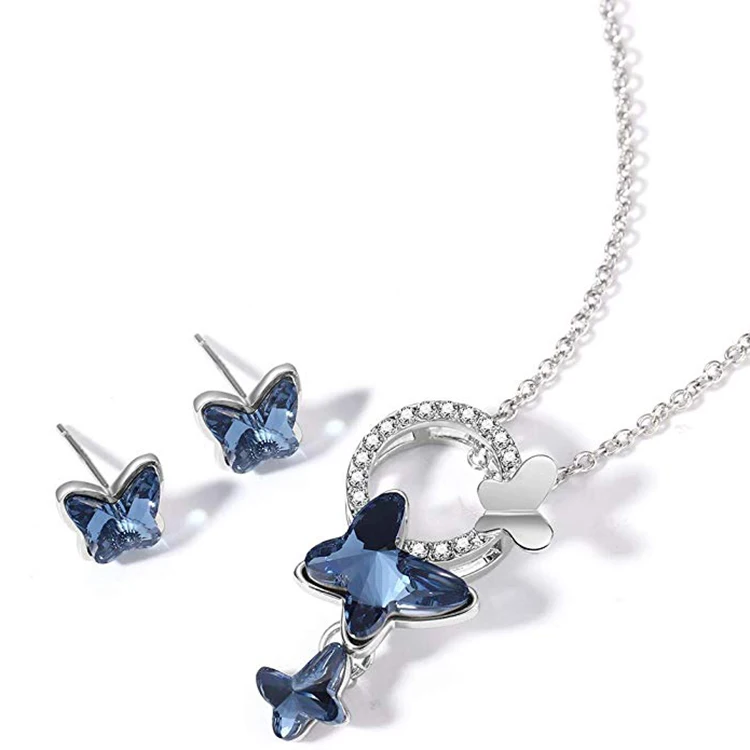 Blue Butterfly Crystal Jewelry Set Pendant Necklace And Stud Earrings