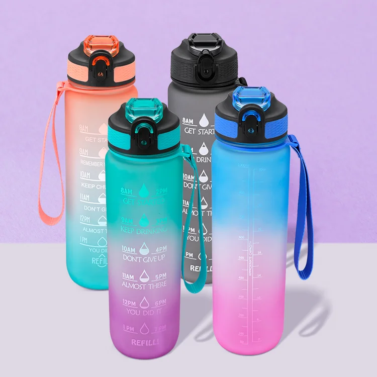 

Wholesale Bpa Free Plastic Sports Motivational Water Bottle 32oz 1l Tritan With Bounce Cover Frosted With Time Marker