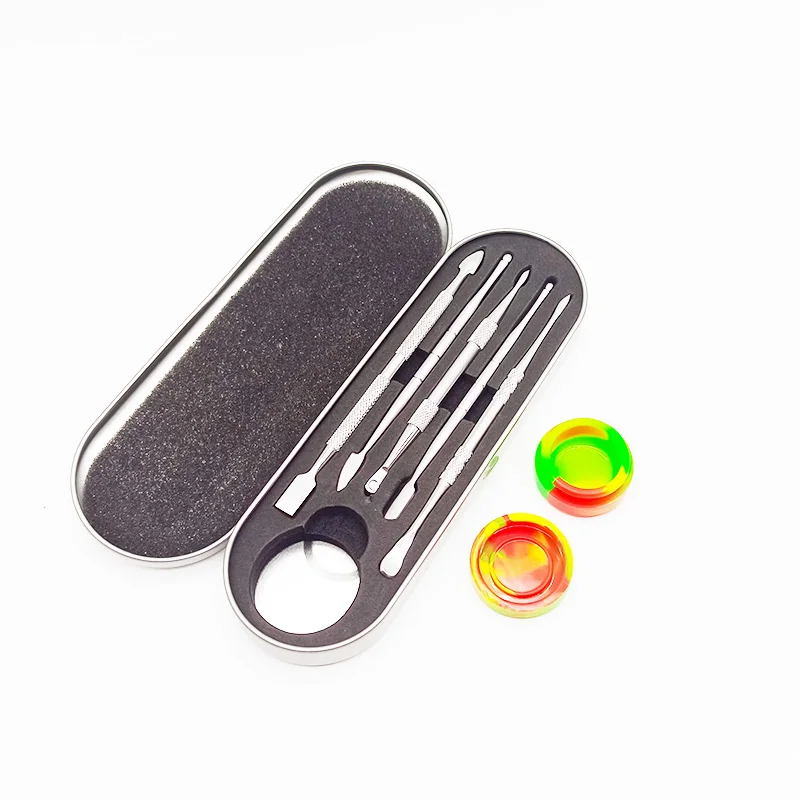 

Silver Color Customized Non-stick 5ml Silicone Wax Jar Container Metal Dab Dabber Tool Kit Set With Hard Case