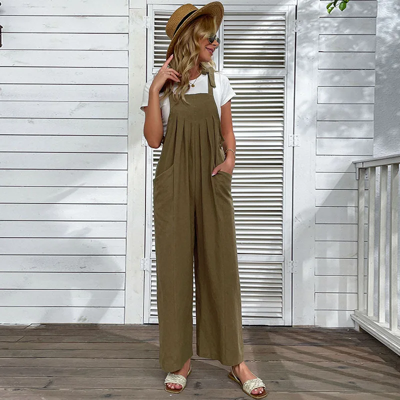 

Women's Casual Wide Leg Pants 2022 Summer Cotton Linen Loose Pleated One Piece Bib Pants Jumpsuit, Customized color