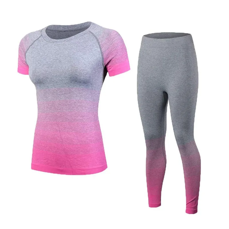 Hot Sexy Women's Workout Outfit 2 Pieces Seamless Yoga Leggings with Sports T-Shirt Gym Clothes Set
