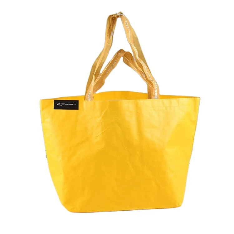 

Custom Logo Yellow Recyclable Plastic Handmade Polypropylene Laminated Durable Grocery Shopping PP Woven Tote Bag, Natural or dye color