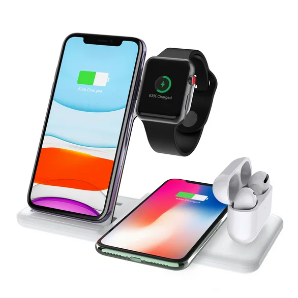 

Wireless charger stand 4 in 1 15W wireless charger device for mobile phone 2.5W charger for watch 2W charging pad for earphone, Black/white