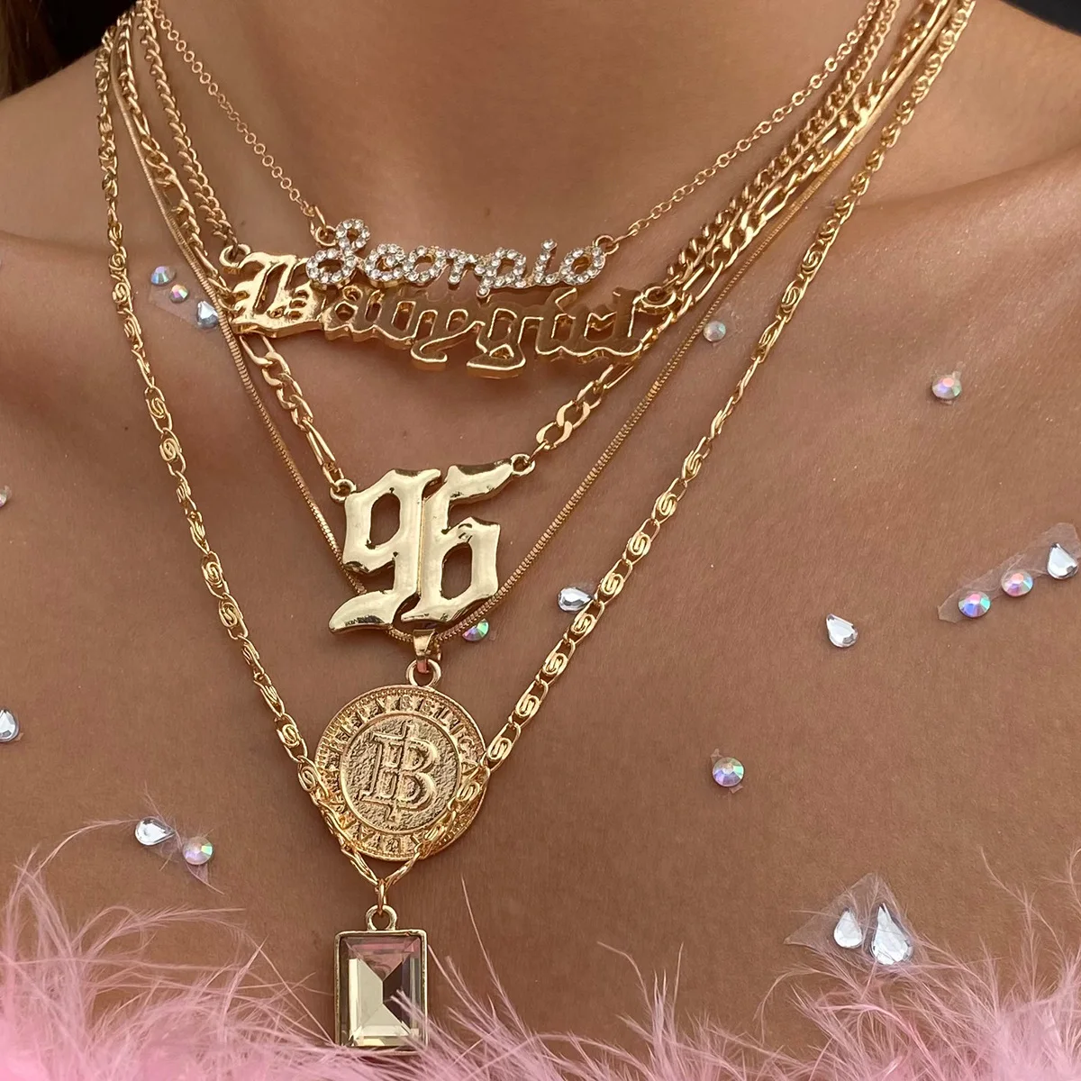 

Custom 18k gold plated babygirl year zodiac sign multi layer layered necklace for women, Picture