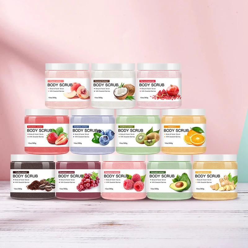 

Natural organic vegan fruit avocado strawberry apricot sherbet moisturizing exfolianting body scrubs