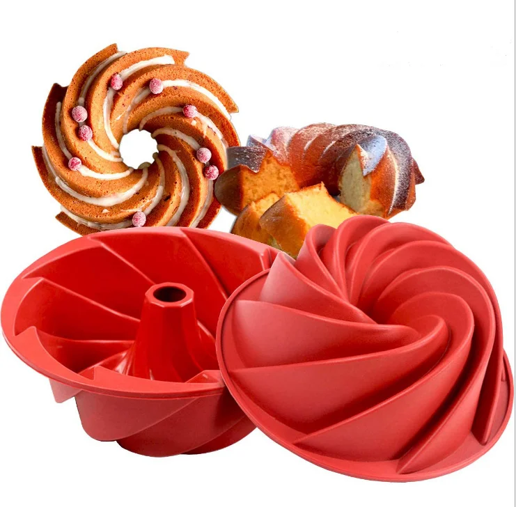 

9 Inch Spiral Cake Silicone Molds Chiffon Baking Tools Nonstick Round Flower Fluted Bundt Cake Pan, Red, customized