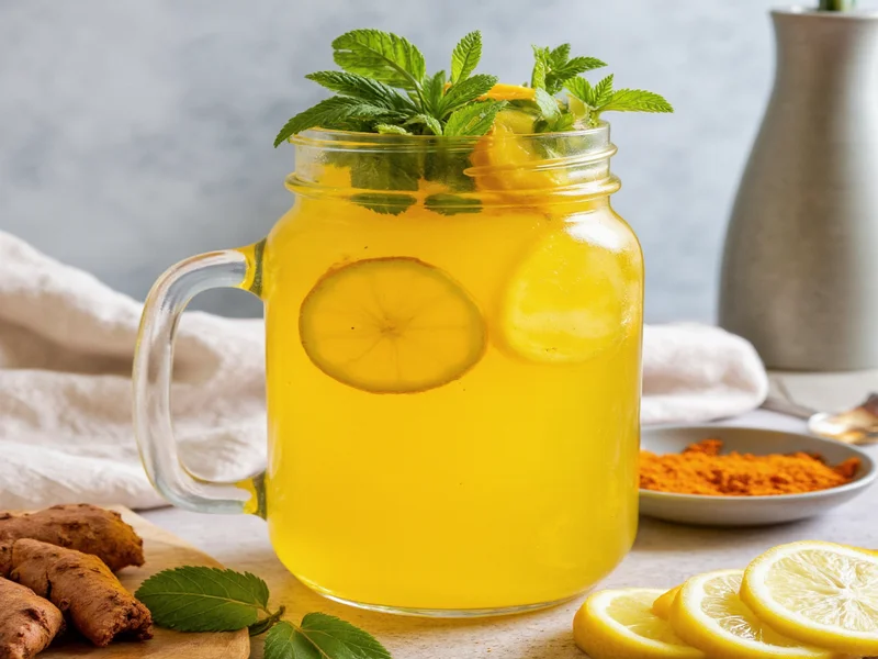Turmeric ginger tonic in mason jar with fresh ingredients