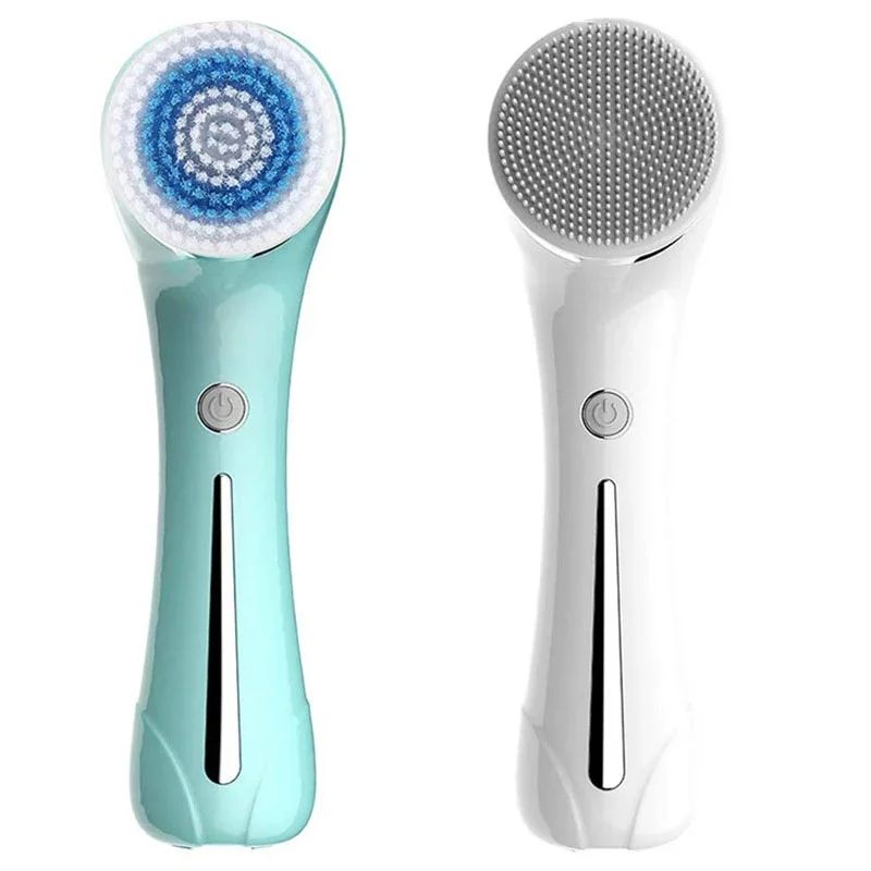 

3 in 1 double head USB silicone ultrasonic rechargeable wholesale cleansing facial brush, White , green