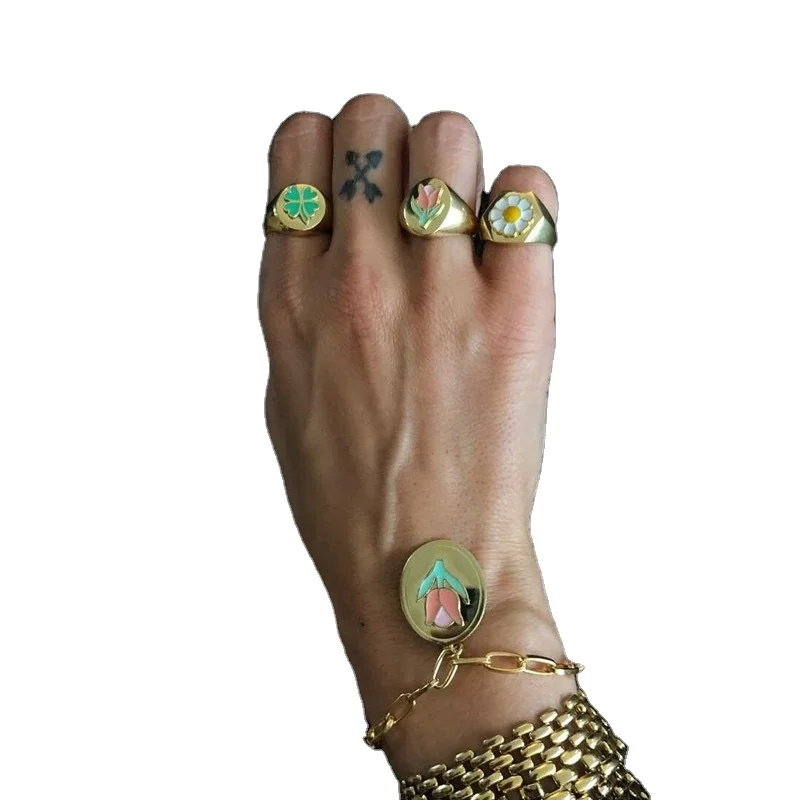 

2020 Fashion New Trendy Styles Chunky Enamel Ring Gold Tulip Ring, Sliver