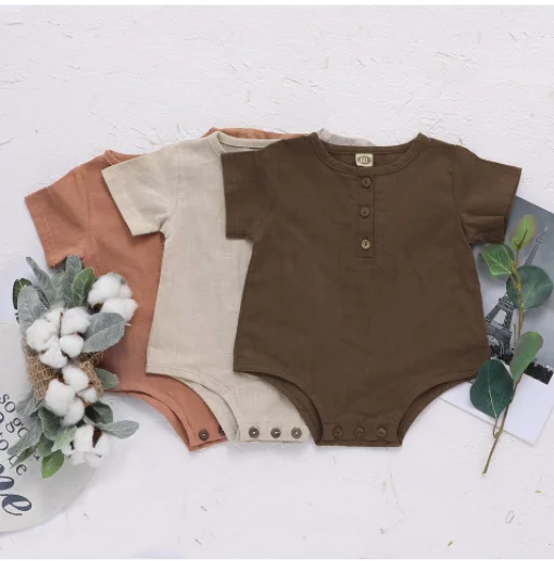 

Organic baby clothes gots certified bodysuit baby boys backless linen rompers, As picture or customized