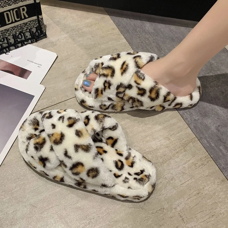 

Large size cross hairy slippers women's thick-soled elastic band open-toe plush slippers