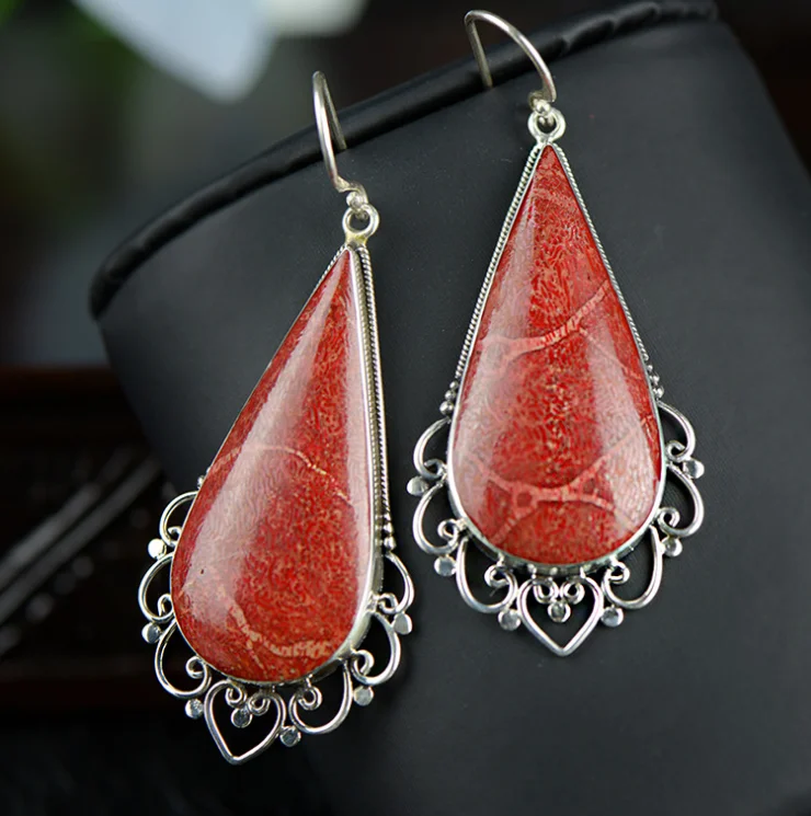 

Vintage Drop Dangle Coral Earrings Beautiful 925 Silver Ladies Carved Hollow Earrings Handmade Jewelry