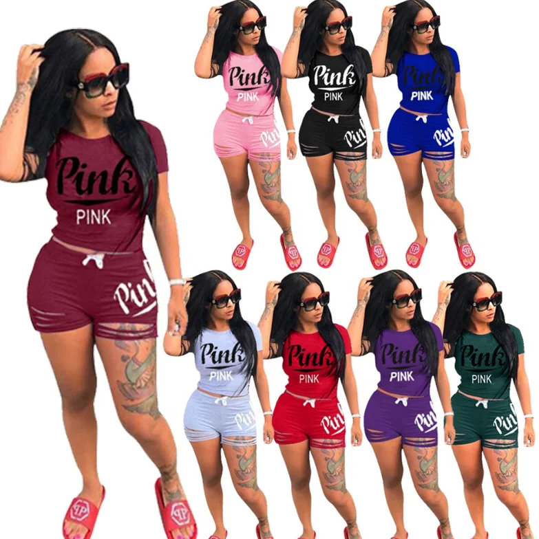 

Plus Size Short Sleeve Print Summer Tracksuit Elastic T Shirt Femme 2 Piece Short Set With Hole Pink Outfits For Woman, As show