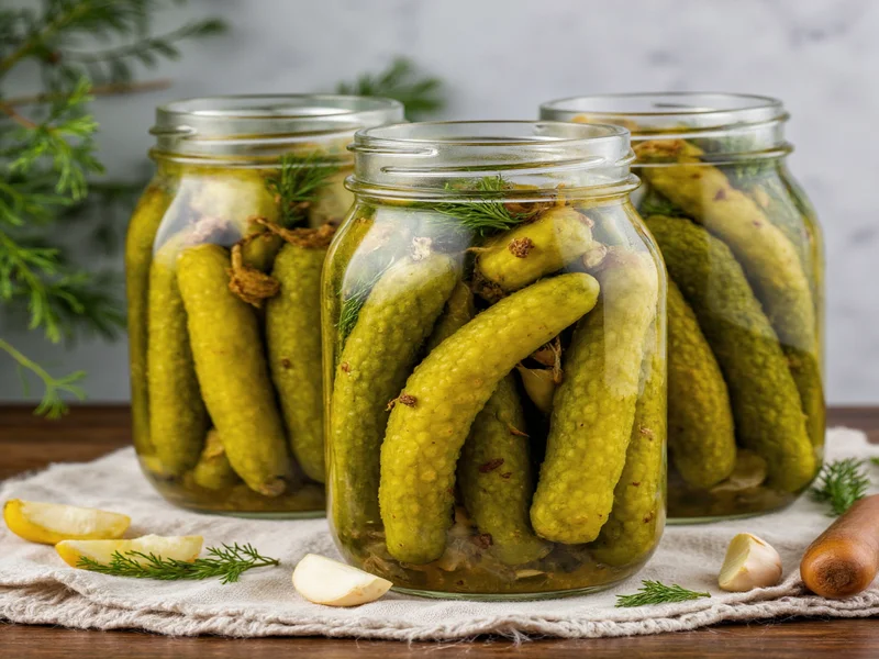 Finished homemade pickles in mason jars with dill and garlic