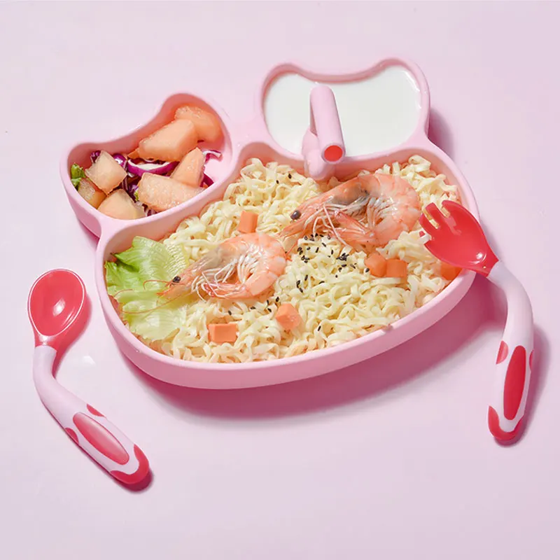 

Custom Logo new Silicone Crab 3 cavities suction baby feeding plate unicorn anti slip for dinner