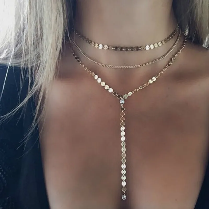 

Handmade Sequins Long Tassel Rhinestone Pendant Necklace Multilayer Choker Necklace for Women Fashion Jewelry Accessories, Gold, silver