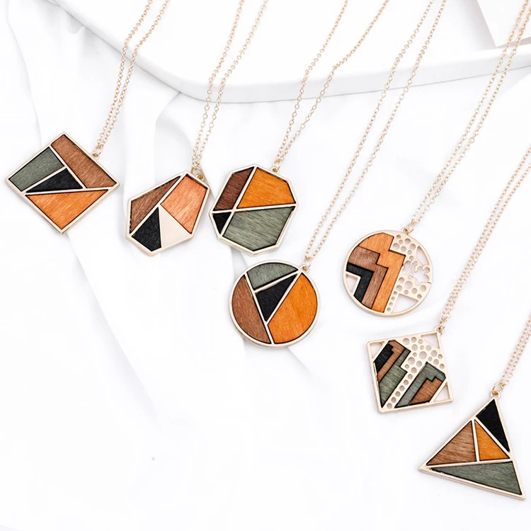 

Yiwu jewelry metal tassel Geometric element combination wood pendant necklace wood jewelry necklace wood