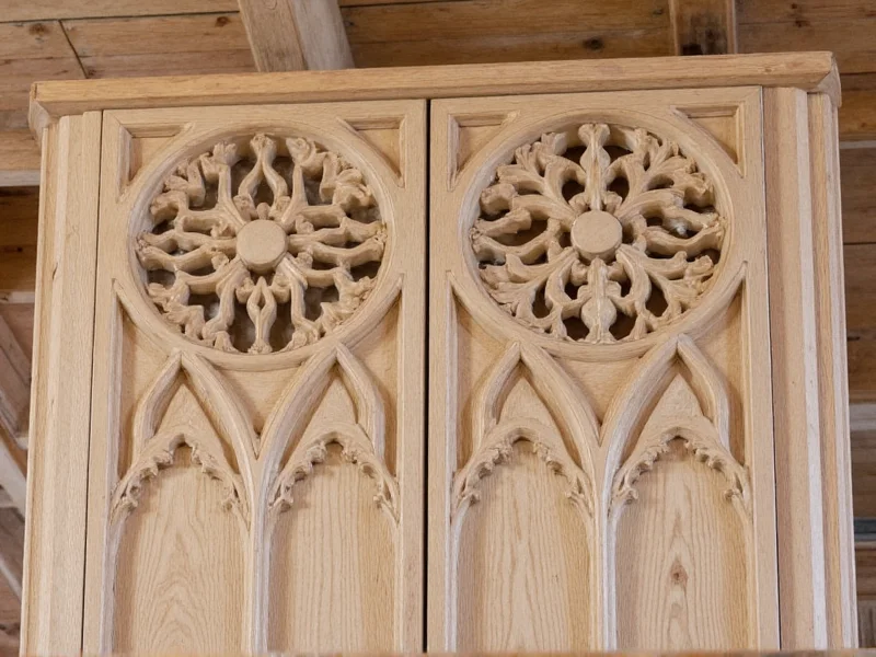 Gothic cabinet tracery detail during construction