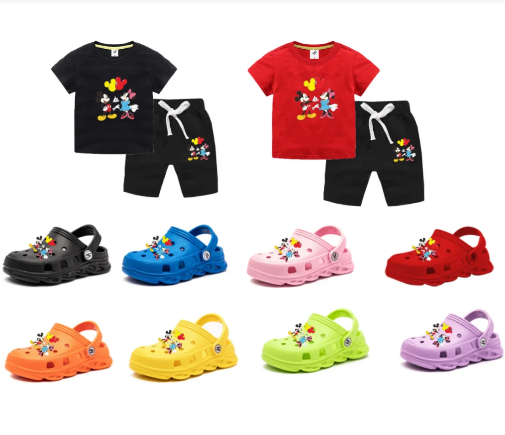 

2021 Children Custom Cartoon Clothing Summer Black Red Boy Girls Clothes 2pcs Set Outfits Matched Sandals Slides, 1-13