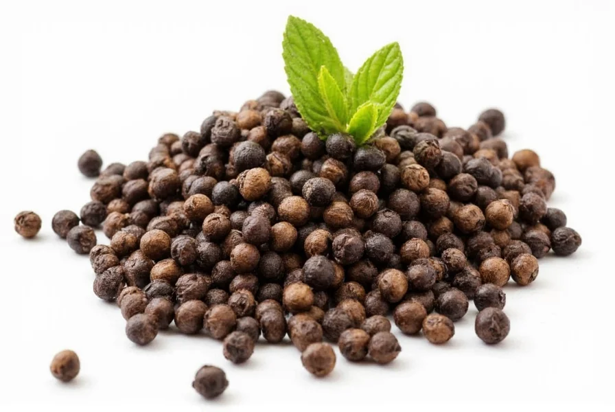Variety of whole black peppercorns, freshly ground pepper, and pepper mill on rustic wooden background