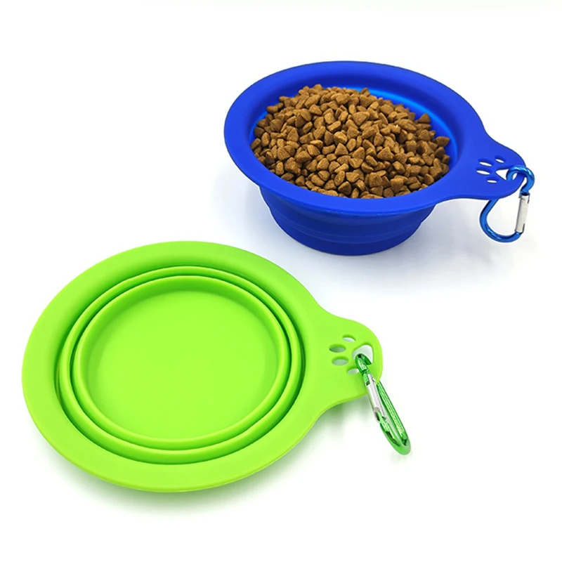 

pet silicon bowl high quality double silicone foldable pet food bowl multi-color portable collapsible travel feeders for dogs, Blue,green