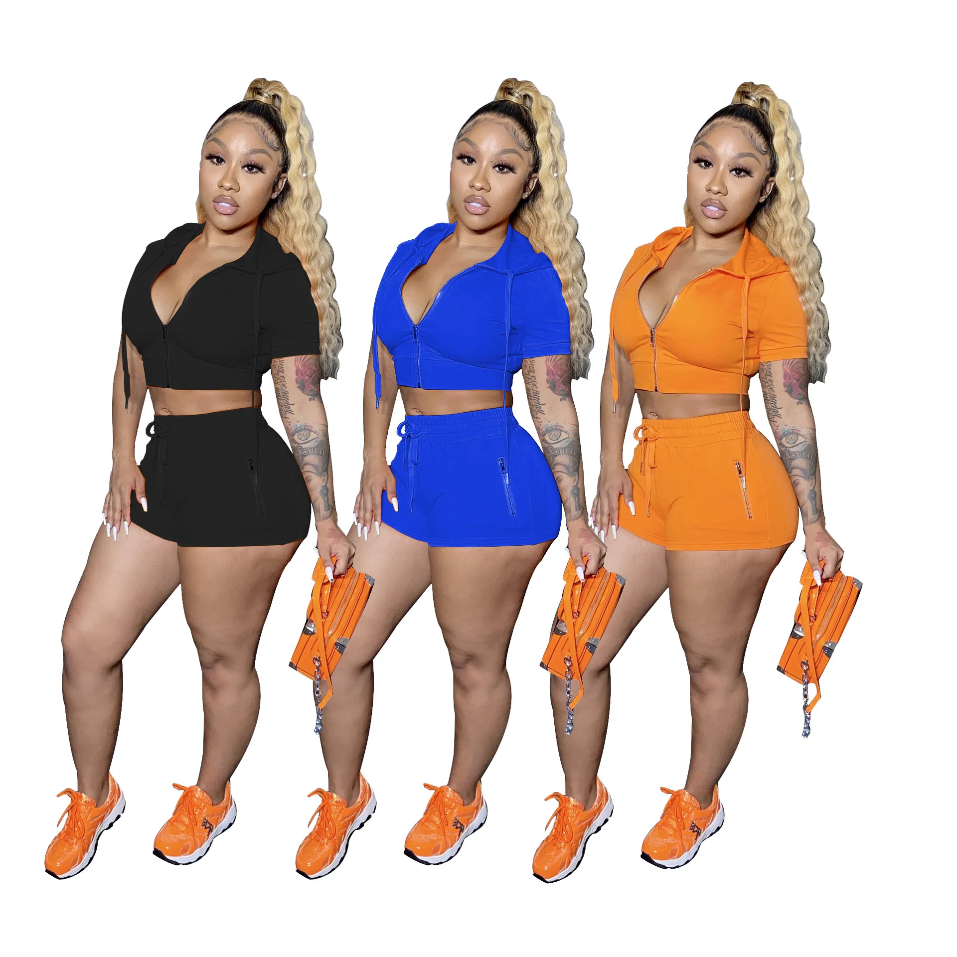 

2021 summer workout 2 piece biker shorts set two piece cropped hoodie short set women clothing