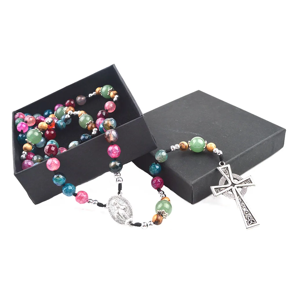 

Agate Stone Beads Long Rosary Catholic St Miracle Medal Knotted Cross Rosary Necklace For Women, Color