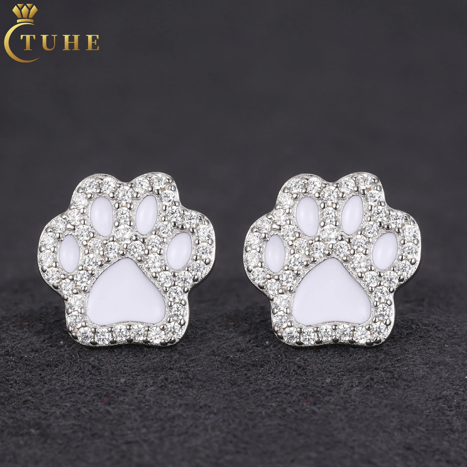 

New Trendy Men Women Jewelry Enamel Plated 925 Sterling Silver VVS Moissanite Diamond Cute Dog Paw Stud Earrings For Girls