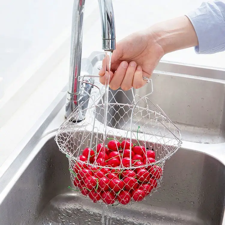 

Kitchenware Colander Folding Mesh Kitchen Gadgets Stainless Steel Expandable Fry Chef Basket New coming