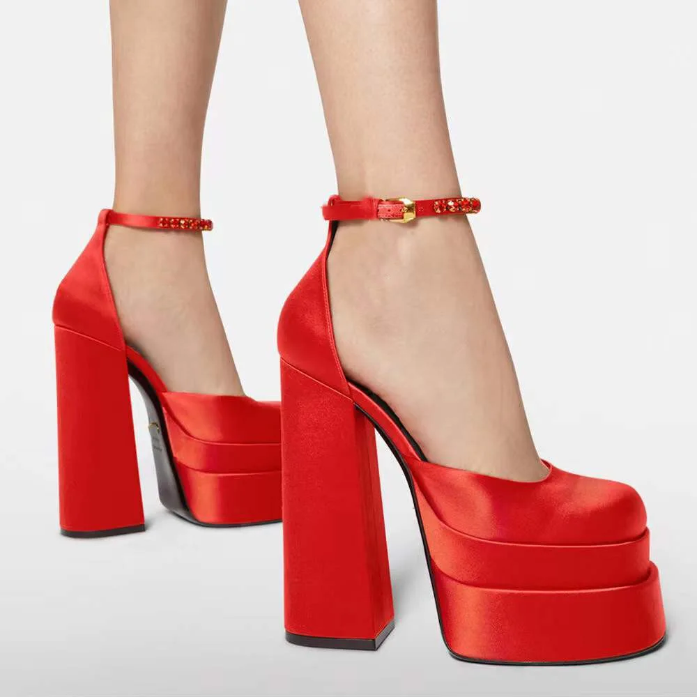 

up-3890r Women Ankle Strap Sandals High Heels Quality Satin Platform Shoes Dress Wedding Shoes