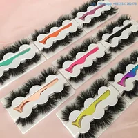 

Own Brand 3 Pair Real Mink Fur Eyelashes False 3D Eyelashes Mink Packaging Box With Colorful Applicator