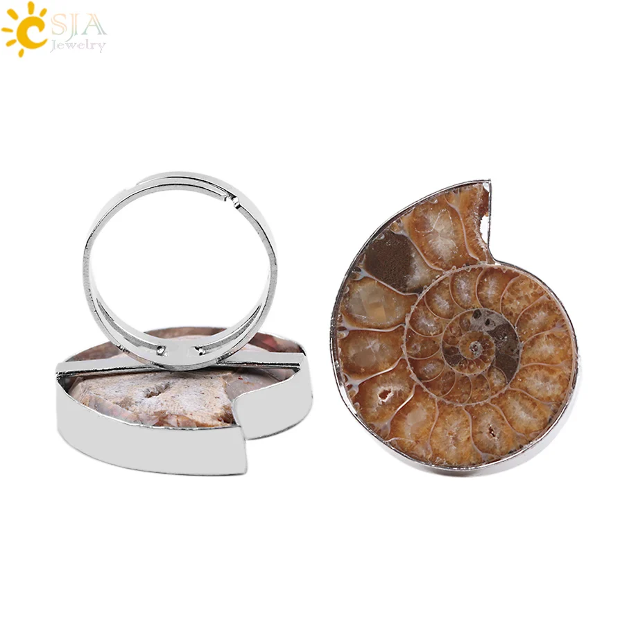 

CSJA wholesale 2020 european style ammonite conch sea shell ring resizable natural fossils stone classic women ring jewelry E251