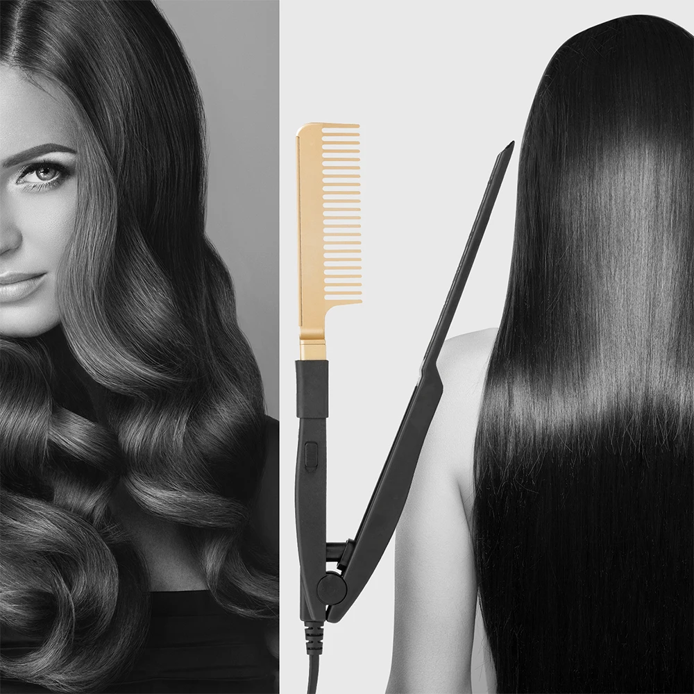 

Leeons New Design Foldable V Type Hot Comb Hair Straightener Electric Hair Care Hairstyling Comb, Black + brass