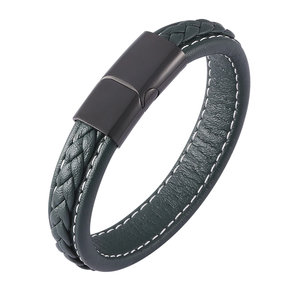 

Men Jewelry Accessories Green Braided Leather Rope Bracelet Magnetic Buckle Bracelets Punk Male Leather Wristband SP0452