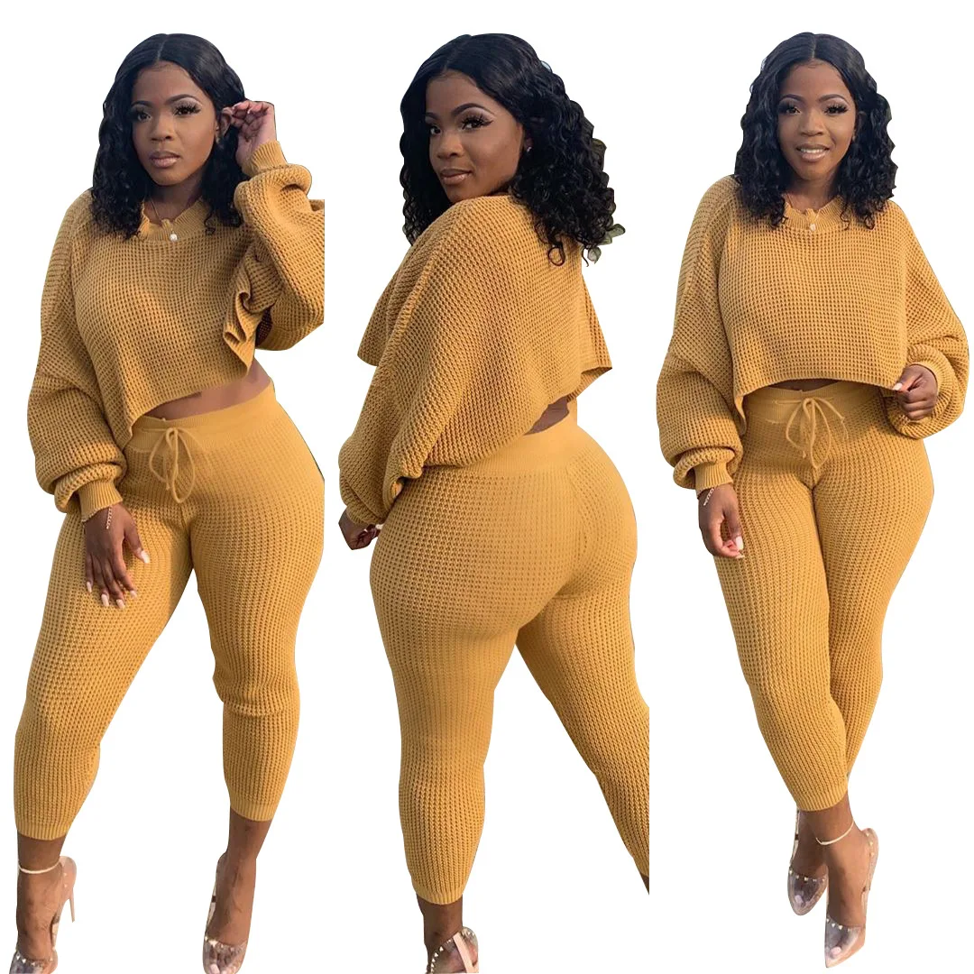 

New Design Factory Custom Lounge Wear Long Sleeves Top Two Piece Pants Set Knitted Breathable Waffle Plus Size Women's Sets