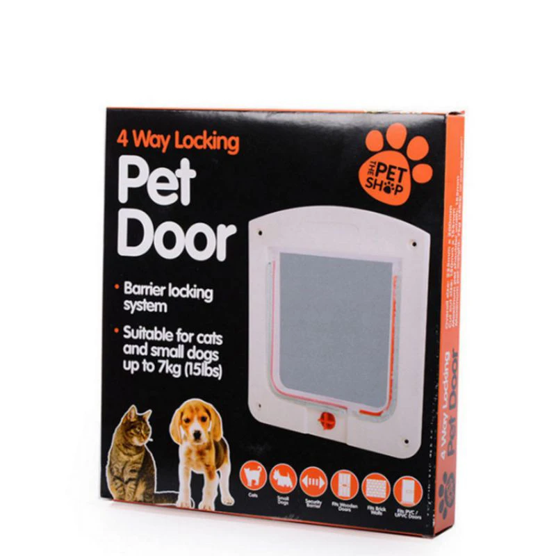 

4 Way Lockable Door For Cat Puppy Dog Security Flap Door Gate Door, White/brown