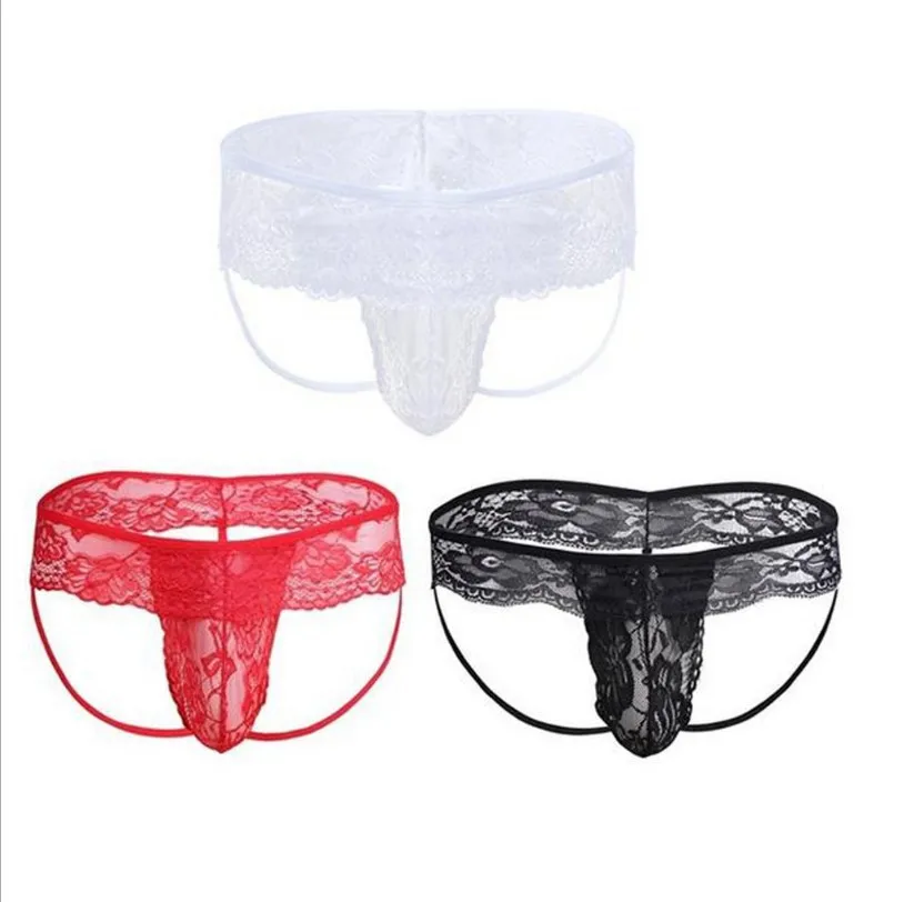 

Breathable Fabric Elastic Tulle Material C String Thong Men Fancy Lace Mens Sexy Bikini Underwear Transparent White Panties