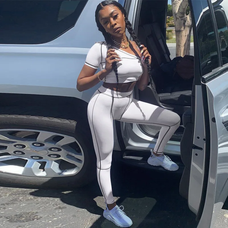 

Tracksuit Women 2 Piece Set One-Shoulder Crop Tops High Waist Pants 2021 Summer Fashion Streetwear Sportswear Outfit