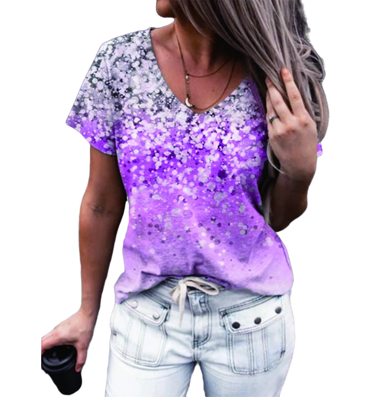 

Wholesale Summer New Gradient Digital Printing Loose Oversized V-neck Short Sleeved T-shirt Top Women, Pink,yellow,green,purple,lake blue,light blue