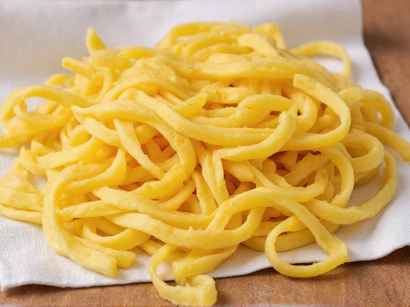 Golden noodle dough resting under cloth on wooden surface