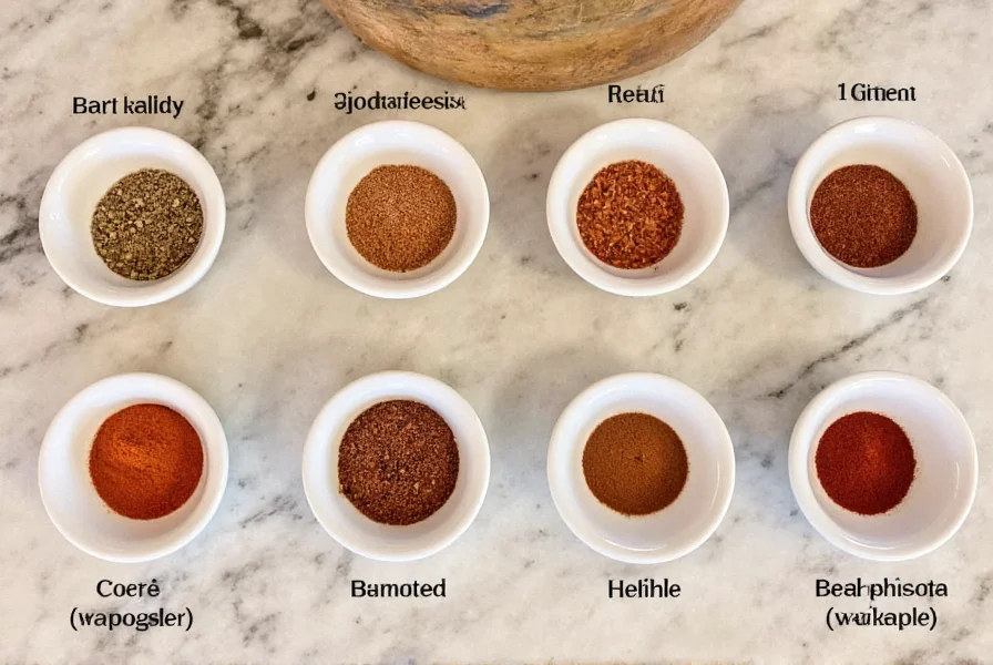 Homemade chili seasoning mix ingredients measured in small bowls on kitchen counter