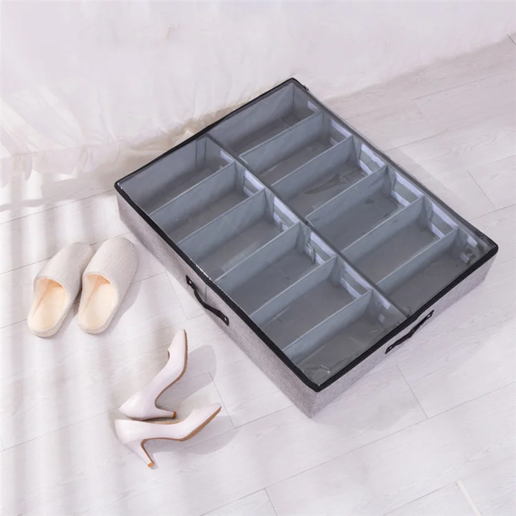 

GS058 Hot-selling Collapsible Canvas Under bed Shoes Organizer Storage Boxes with 12 cells, Grey