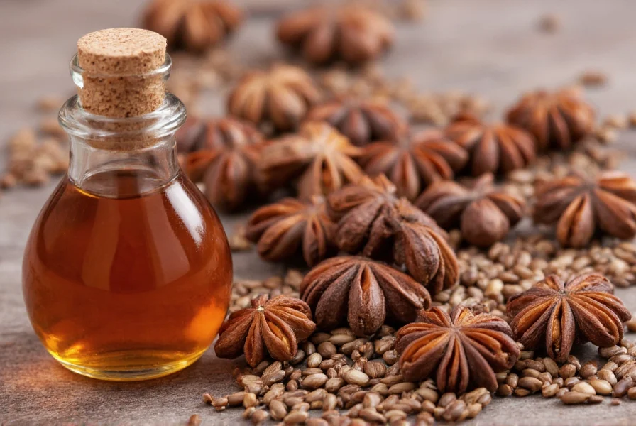 Close-up of pure anise extract bottle next to whole anise seeds showing visual comparison