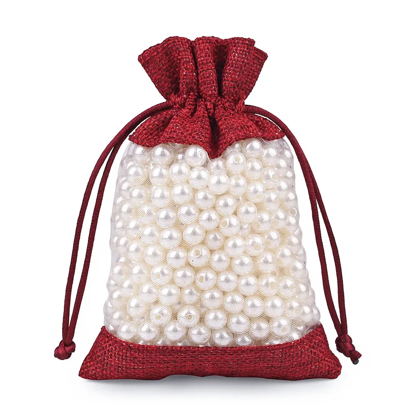 

Hot sell Recyclable Jute gift Drawstring Bags With Organza Window Linen Drawstring Pouch Beans Storage Jewelry Bag in stock, Customized color