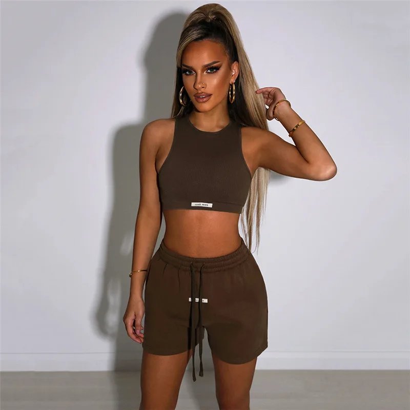 

PASUXI 2022 New Solid Color Women Sport 2 Piece Set Slim Sleeveless Vest Top High Waist Casual Shorts Set