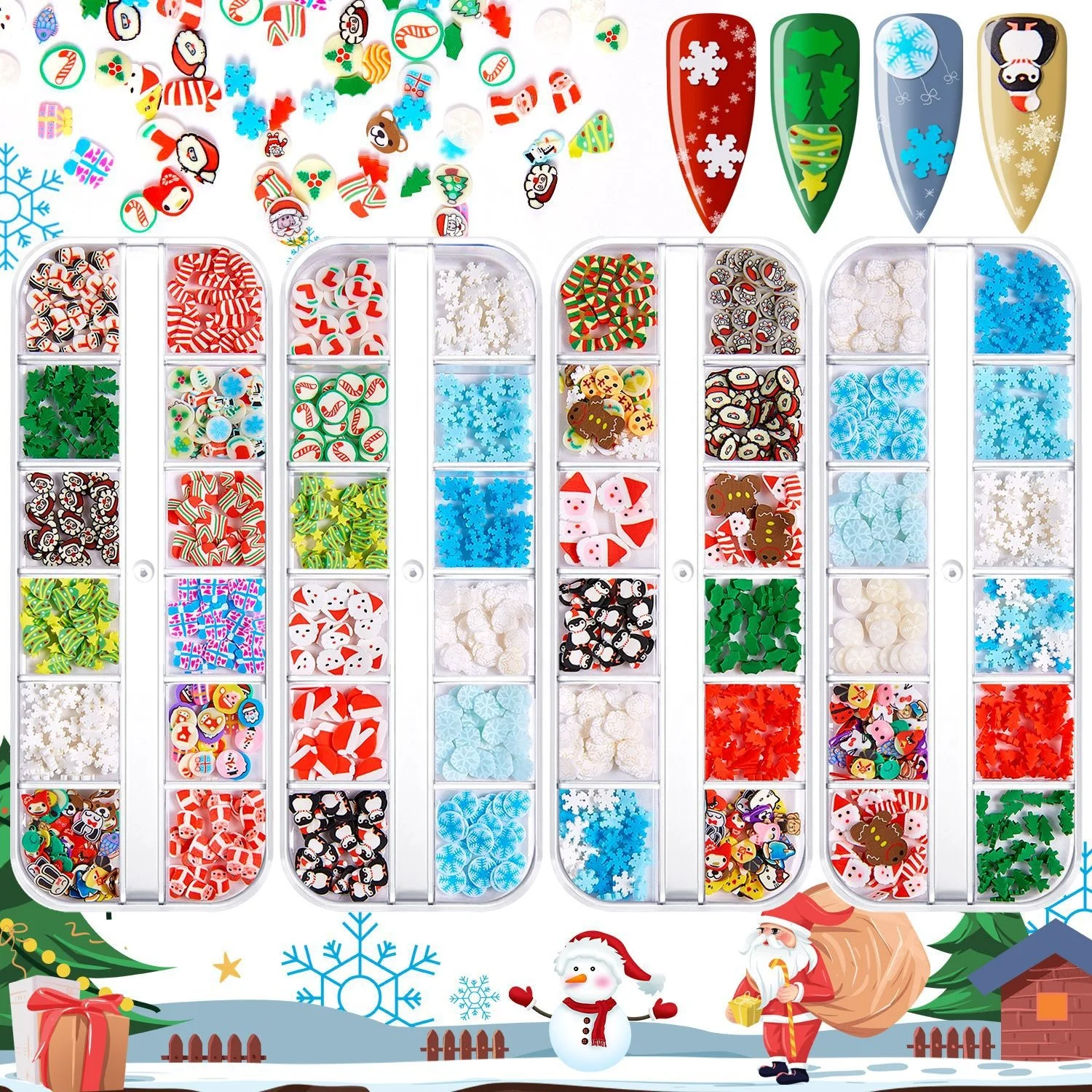 

Amazon HOT Sale New Christmas Soft Clay Nail Nails Sequins Snowflake Christmas Tree 12 Grid Set 2D Nail Sequins Jewelry